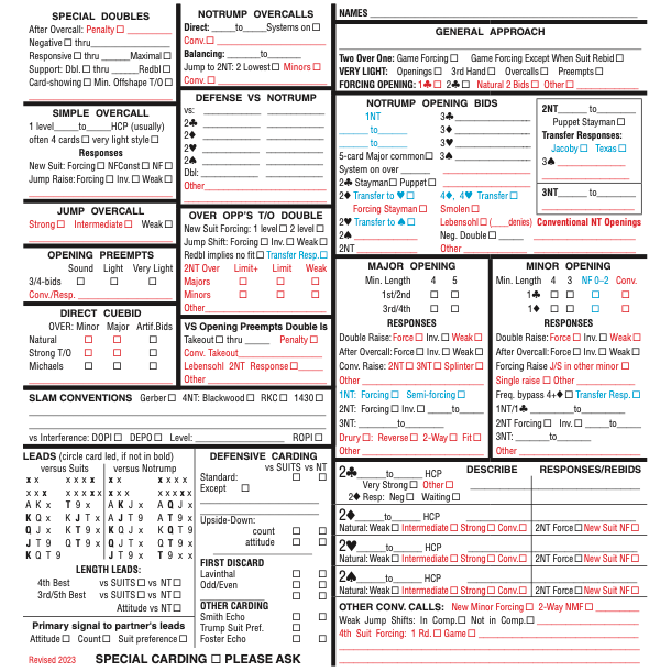 Convention Cards Form SS1B Original Format with modifications (100