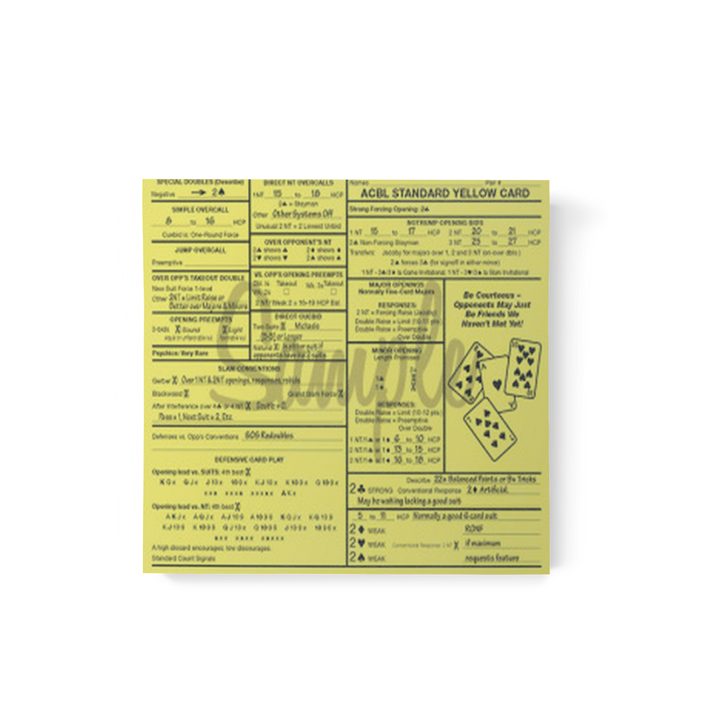 Acbl Yellow Card.pdf Standard Yellow Card (100) – Baron Barclay Bridge Supply